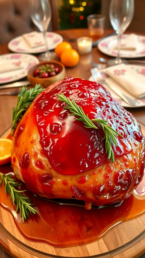 A golden-brown honey-glazed ham garnished with rosemary and orange slices on a rustic wooden board.